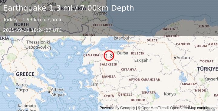Earthquake WESTERN TURKEY (1.3 ml) (2025-09-13 18:24:27 UTC)