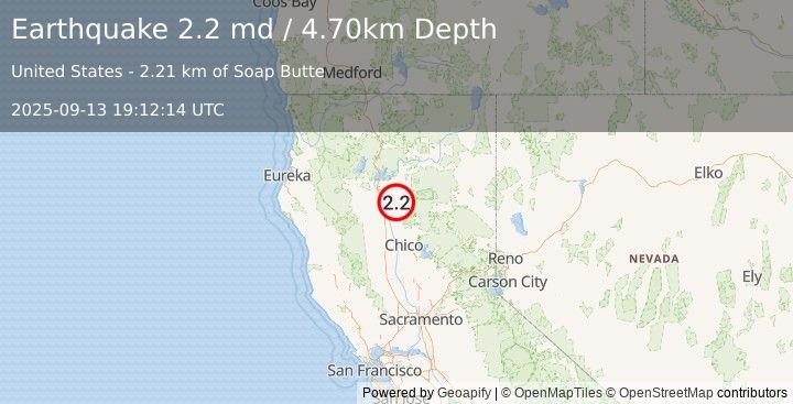 Earthquake NORTHERN CALIFORNIA (2.2 md) (2025-09-13 19:12:14 UTC)