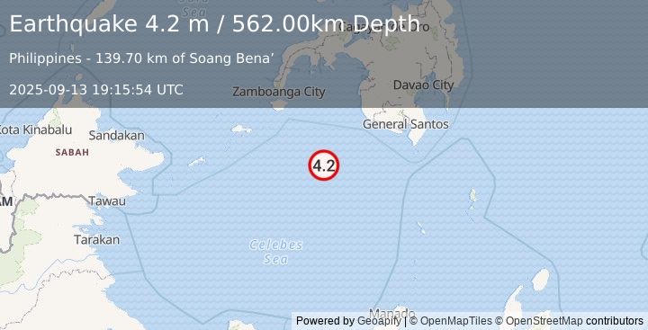 Earthquake CELEBES SEA (4.2 m) (2025-09-13 19:15:54 UTC)