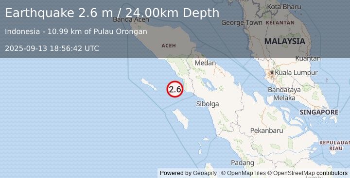 Earthquake NORTHERN SUMATRA, INDONESIA (2.6 m) (2025-09-13 18:56:42 UTC)