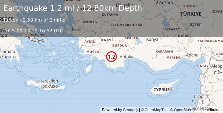 Earthquake WESTERN TURKEY (1.2 ml) (2025-09-13 19:16:52 UTC)