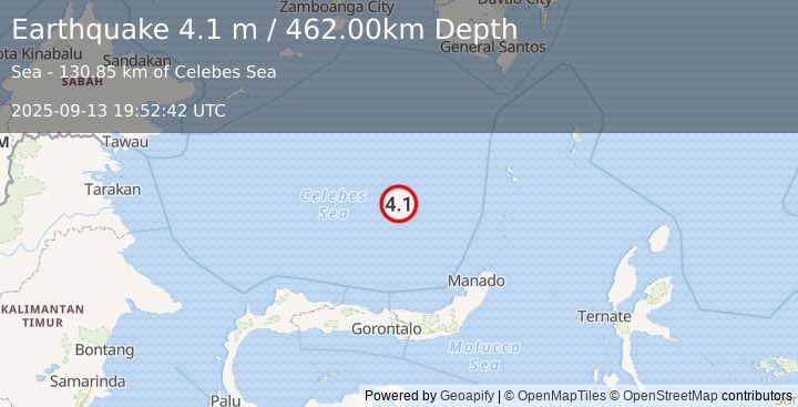Earthquake CELEBES SEA (4.1 m) (2025-09-13 19:52:42 UTC)