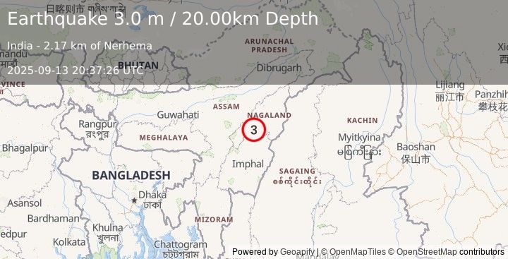 Earthquake MYANMAR-INDIA BORDER REGION (3.0 m) (2025-09-13 20:37:26 UTC)