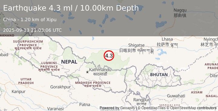 Earthquake WESTERN XIZANG (4.1 ml) (2025-09-13 21:03:08 UTC)