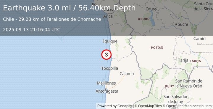 Earthquake OFFSHORE ANTOFAGASTA, CHILE (3.0 ml) (2025-09-13 21:16:04 UTC)