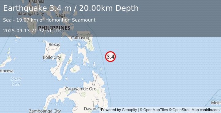Earthquake PHILIPPINE ISLANDS REGION (3.4 m) (2025-09-13 21:32:51 UTC)