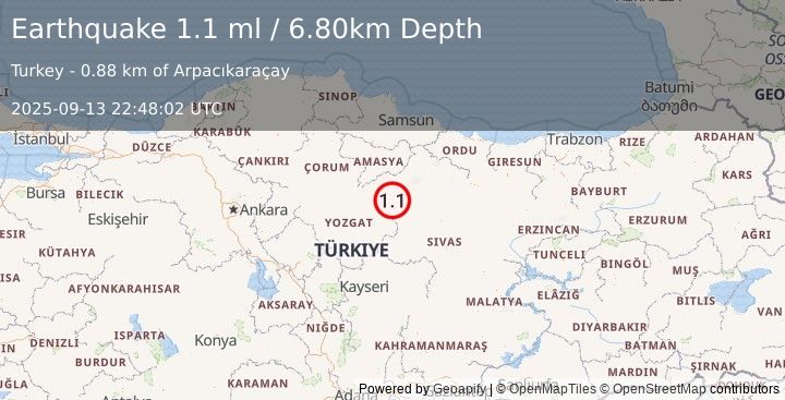 Earthquake CENTRAL TURKEY (1.1 ml) (2025-09-13 22:48:02 UTC)