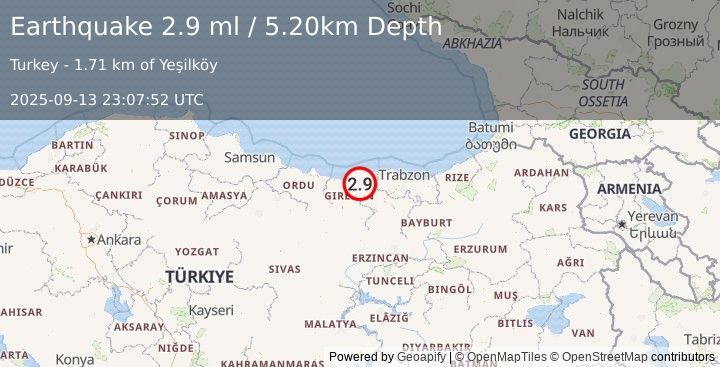 Earthquake EASTERN TURKEY (2.9 ml) (2025-09-13 23:07:52 UTC)