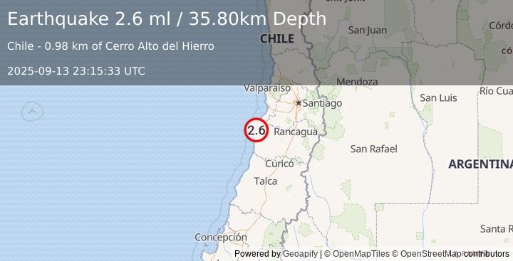 Earthquake LIBERTADOR O'HIGGINS, CHILE (2.6 ml) (2025-09-13 23:15:33 UTC)