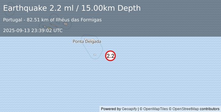 Earthquake AZORES ISLANDS REGION (2.2 ml) (2025-09-13 23:39:02 UTC)