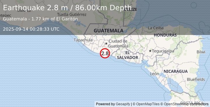Earthquake OFFSHORE GUATEMALA (2.8 m) (2025-09-14 00:28:33 UTC)