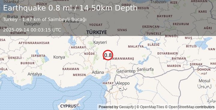 Earthquake CENTRAL TURKEY (0.8 ml) (2025-09-14 00:03:15 UTC)