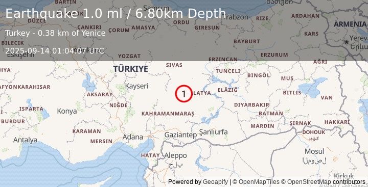 Earthquake CENTRAL TURKEY (1.0 ml) (2025-09-14 01:04:07 UTC)