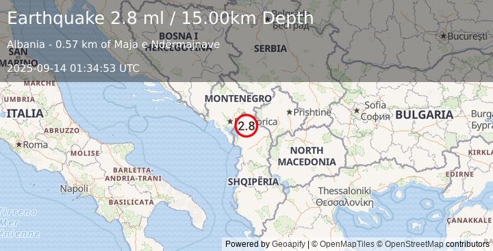 Earthquake ALBANIA (2.8 ml) (2025-09-14 01:34:53 UTC)