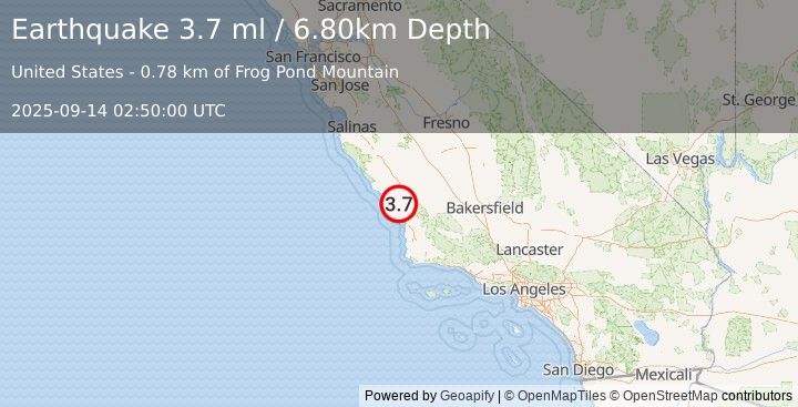 Earthquake CENTRAL CALIFORNIA (3.7 ml) (2025-09-14 02:50:00 UTC)