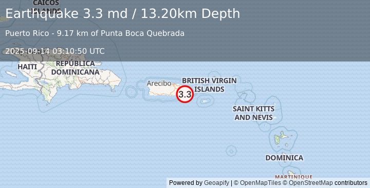 Earthquake PUERTO RICO REGION (3.3 md) (2025-09-14 03:10:50 UTC)