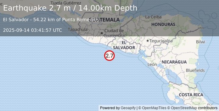 Earthquake OFFSHORE EL SALVADOR (2.7 m) (2025-09-14 03:41:57 UTC)