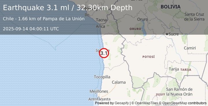 Earthquake TARAPACA, CHILE (3.1 ml) (2025-09-14 04:00:11 UTC)