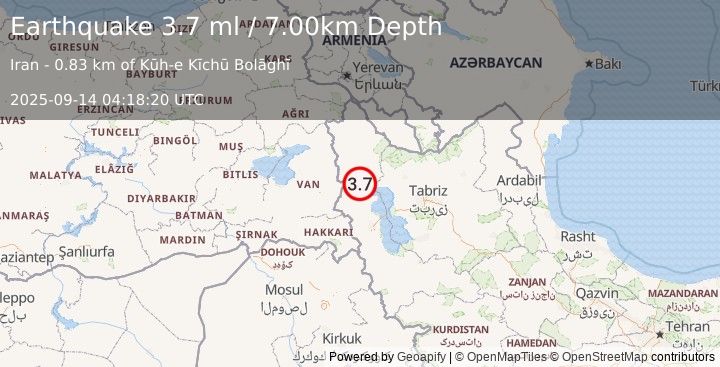 Earthquake TURKEY-IRAN BORDER REGION (3.7 ml) (2025-09-14 04:18:20 UTC)