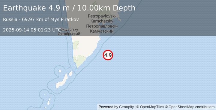 Earthquake OFF EAST COAST OF KAMCHATKA (4.9 m) (2025-09-14 05:01:22 UTC)