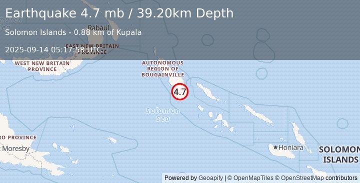 Earthquake BOUGAINVILLE REGION, P.N.G. (4.7 mb) (2025-09-14 05:17:58 UTC)