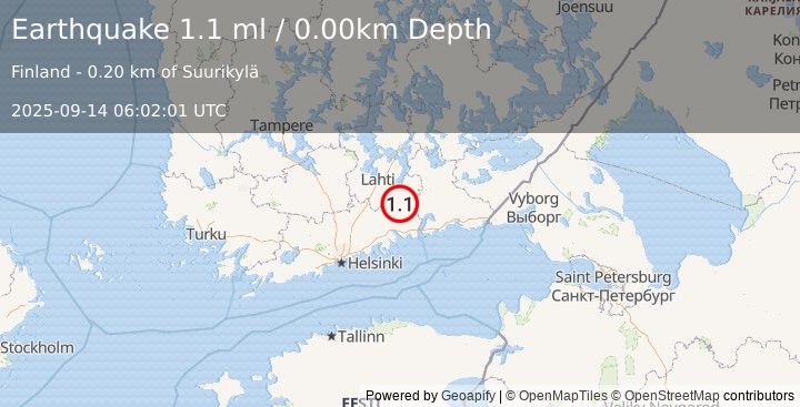 Earthquake FINLAND (1.1 ml) (2025-09-14 06:02:01 UTC)