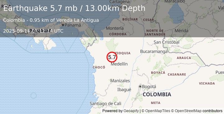 Earthquake NORTHERN COLOMBIA (5.4 mw) (2025-09-14 07:12:17 UTC)