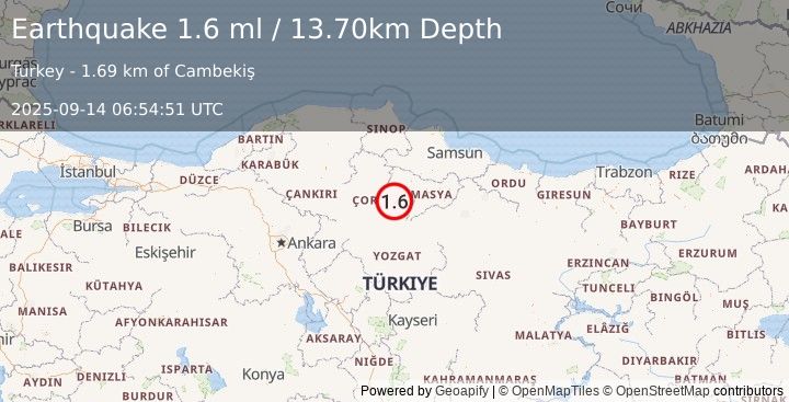 Earthquake CENTRAL TURKEY (1.6 ml) (2025-09-14 06:54:51 UTC)