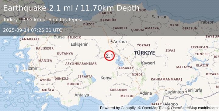 Earthquake CENTRAL TURKEY (2.1 ml) (2025-09-14 07:25:31 UTC)