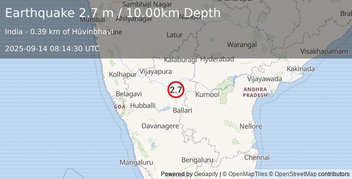 Earthquake KARNATAKA, INDIA (2.7 m) (2025-09-14 08:14:30 UTC)