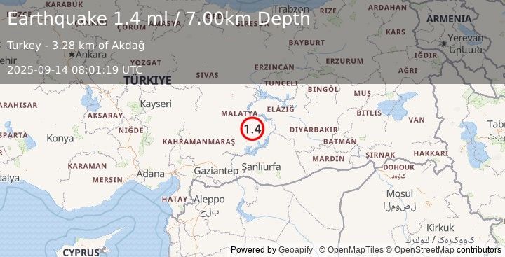 Earthquake EASTERN TURKEY (1.4 ml) (2025-09-14 08:01:19 UTC)
