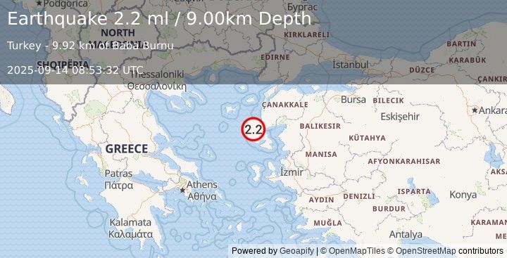 Earthquake AEGEAN SEA (2.2 ml) (2025-09-14 08:53:32 UTC)