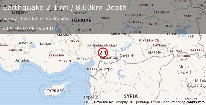 Earthquake CENTRAL TURKEY (2.1 ml) (2025-09-14 09:49:34 UTC)