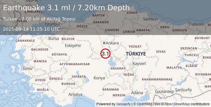 Earthquake CENTRAL TURKEY (3.1 ml) (2025-09-14 11:25:10 UTC)