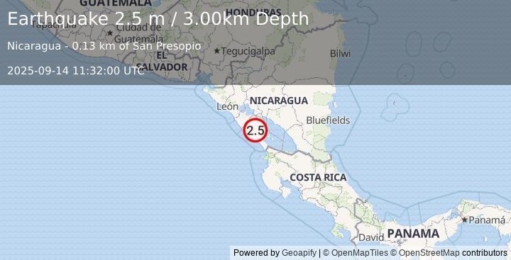 Earthquake NEAR COAST OF NICARAGUA (2.5 m) (2025-09-14 11:32:00 UTC)