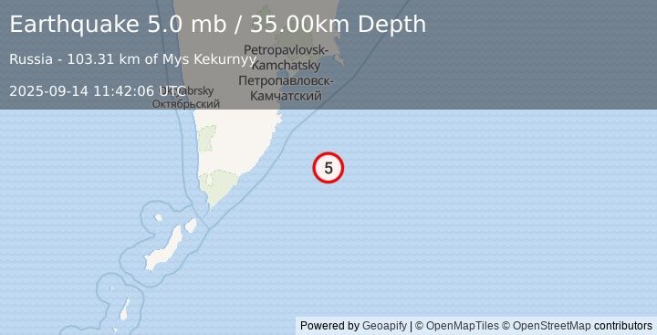 Earthquake OFF EAST COAST OF KAMCHATKA (5.0 mb) (2025-09-14 11:42:10 UTC)