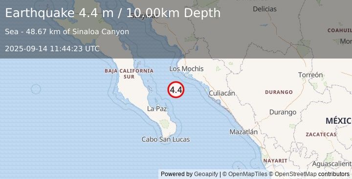 Earthquake GULF OF CALIFORNIA (4.4 m) (2025-09-14 11:44:23 UTC)