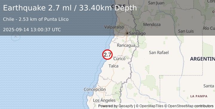 Earthquake OFFSHORE MAULE, CHILE (2.7 ml) (2025-09-14 13:00:37 UTC)