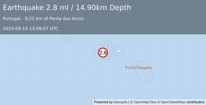 Earthquake AZORES ISLANDS, PORTUGAL (2.8 ml) (2025-09-14 13:09:07 UTC)