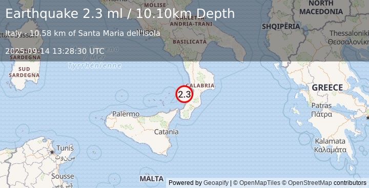 Earthquake SICILY, ITALY (2.3 ml) (2025-09-14 13:28:30 UTC)