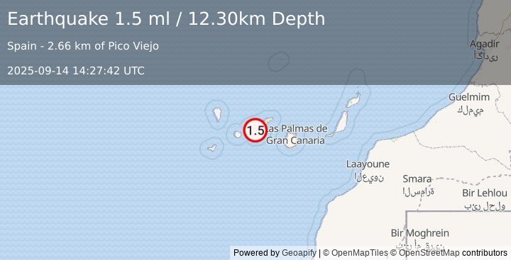 Earthquake CANARY ISLANDS, SPAIN REGION (1.5 ml) (2025-09-14 14:27:42 UTC)