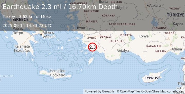 Earthquake WESTERN TURKEY (2.2 ml) (2025-09-14 14:33:24 UTC)