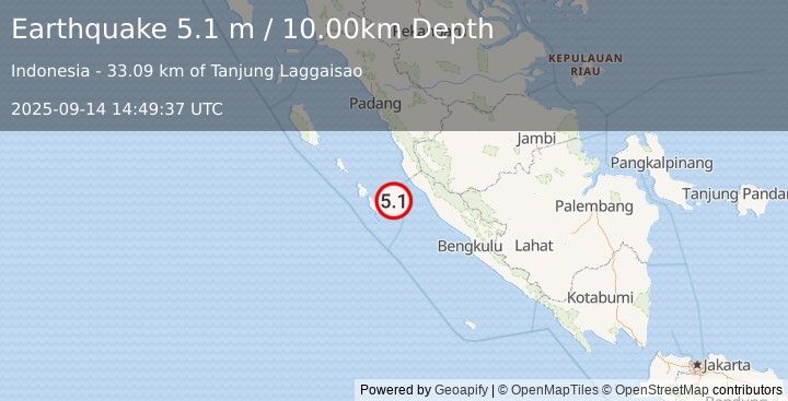 Earthquake SOUTHERN SUMATRA, INDONESIA (5.3 mb) (2025-09-14 14:49:44 UTC)