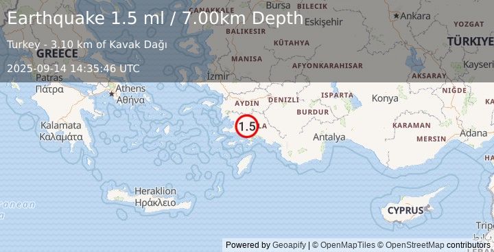 Earthquake WESTERN TURKEY (1.5 ml) (2025-09-14 14:35:46 UTC)