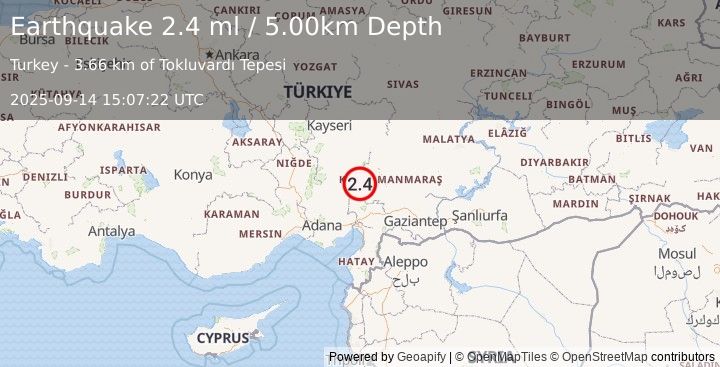Earthquake CENTRAL TURKEY (2.4 ml) (2025-09-14 15:07:22 UTC)