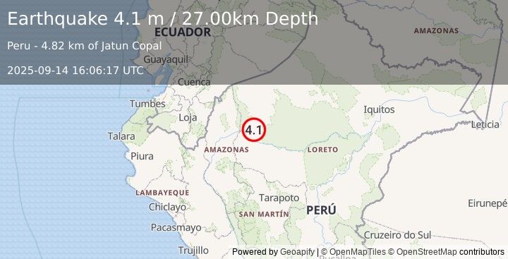 Earthquake NORTHERN PERU (4.1 m) (2025-09-14 16:06:17 UTC)
