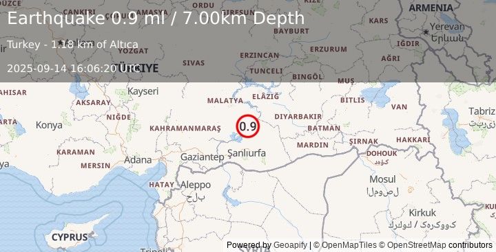 Earthquake EASTERN TURKEY (0.9 ml) (2025-09-14 16:06:20 UTC)
