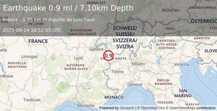 Earthquake NORTHERN ITALY (0.9 ml) (2025-09-14 16:52:55 UTC)
