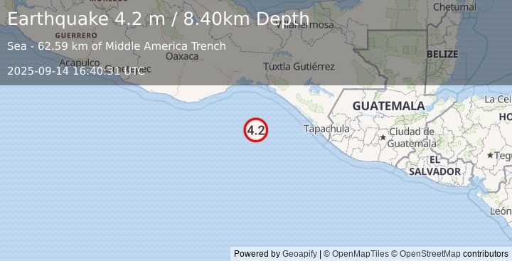 Earthquake OFF COAST OF CHIAPAS, MEXICO (4.2 m) (2025-09-14 16:40:31 UTC)