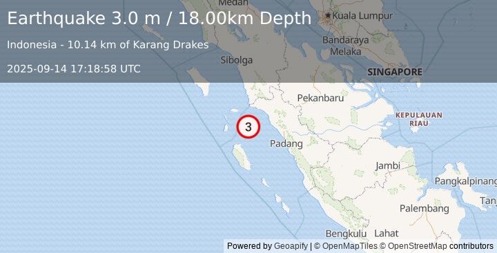 Earthquake SOUTHERN SUMATRA, INDONESIA (3.0 m) (2025-09-14 17:18:58 UTC)